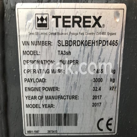 New TEREX TA3sh 3 Tons Swivel Skip HYDROSTATIC Dumper – 2017 Year for Sale